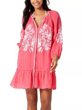 168$ Tommy Bahama Linen Gauze Tunic Swim Cover-Up Dress Size M Coral